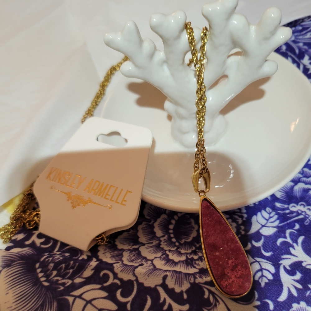 Kinsley Armelle 18k gold ion plated magenta quartz necklace 32" NWT.